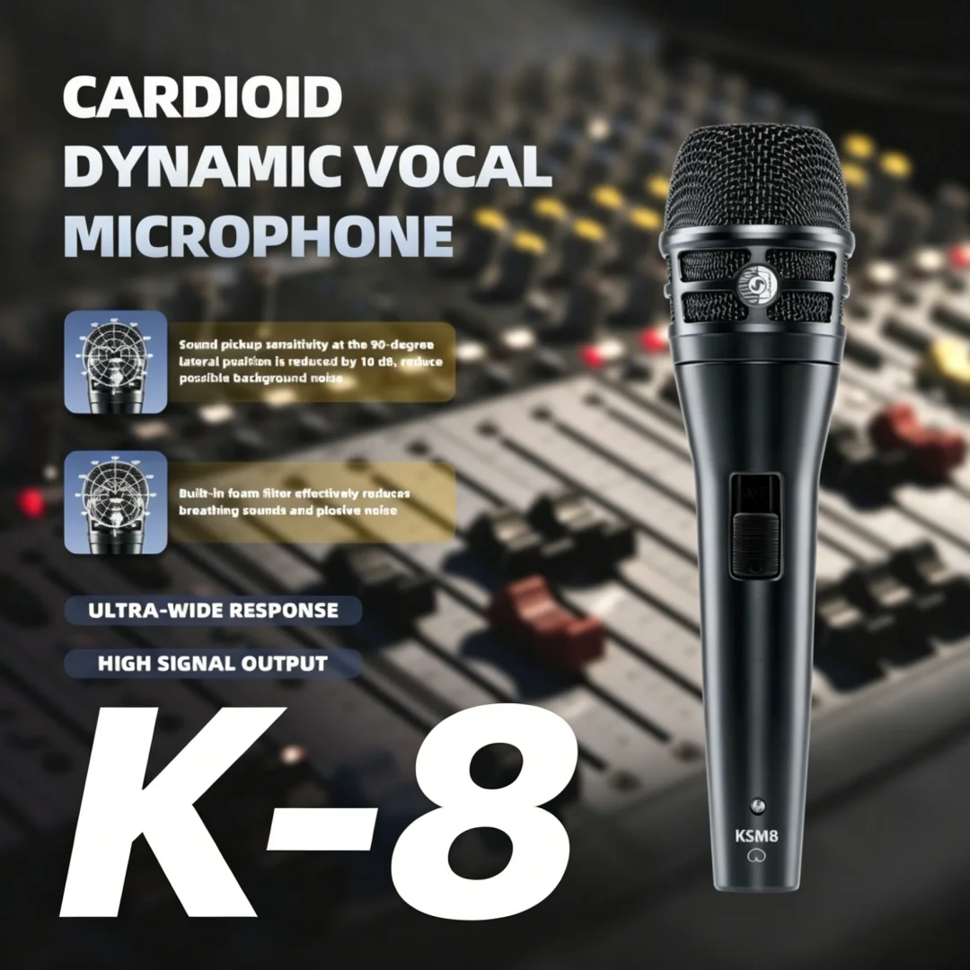 K-M8 Metal Dynamic Vocal Handheld Microphone With Switch For Stage Performance Karaoke Recording Singing Professional Wired Mic