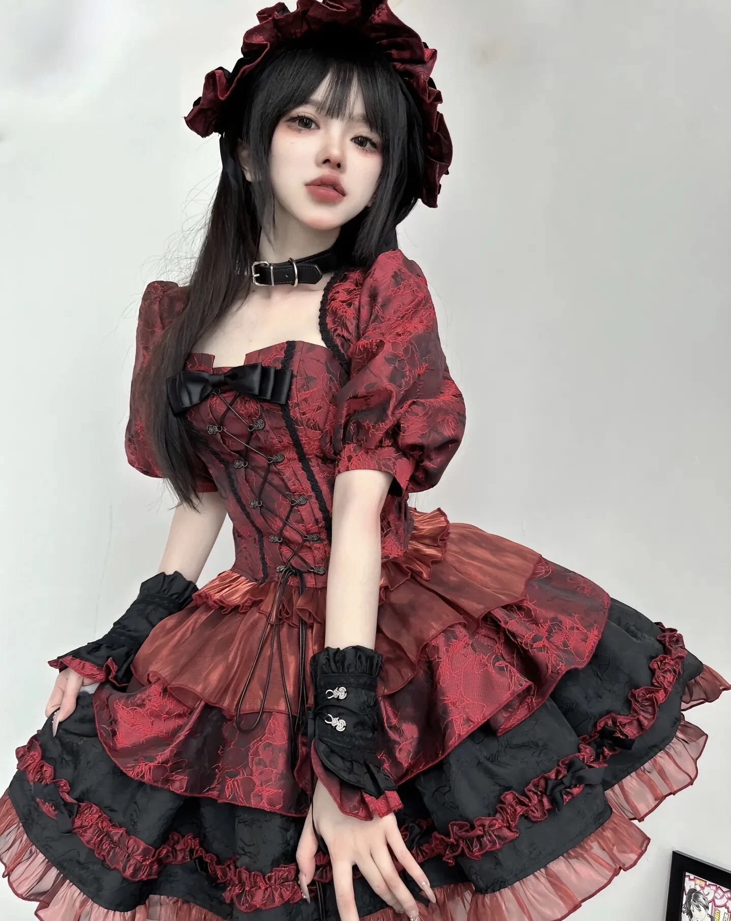 

Spring Summer New Jacquard Bow Lolita Style Dress Women Fishbone Corset Short Waistcoat Puffy Skirt 3 Piece Set Dress