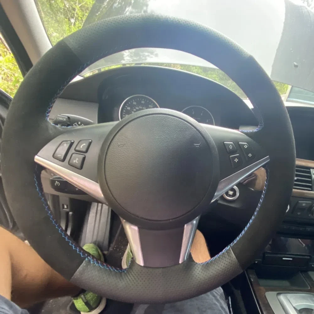 Custom Car Steering Wheel Cover DIY Anti-Slip Suede Leather For BMW E60 E61 530d 545i 550i E63 E64 630i 645Ci 650i Steering Wrap view 2
