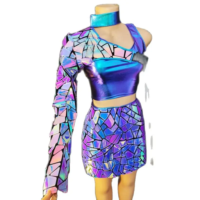 Trajes de espejos morados para mujer, Top láser de manga única, falda de lentejuelas, fiesta de grupo, traje de baile de Jazz, ropa puesta en escena XS6762