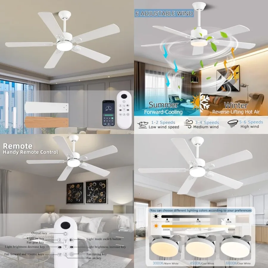 52 inch Modern White Ceiling Fans with Lights APP/Remote Control, Low Profile Reversible 6 Speeds Ceiling Fan Light for Indoor/