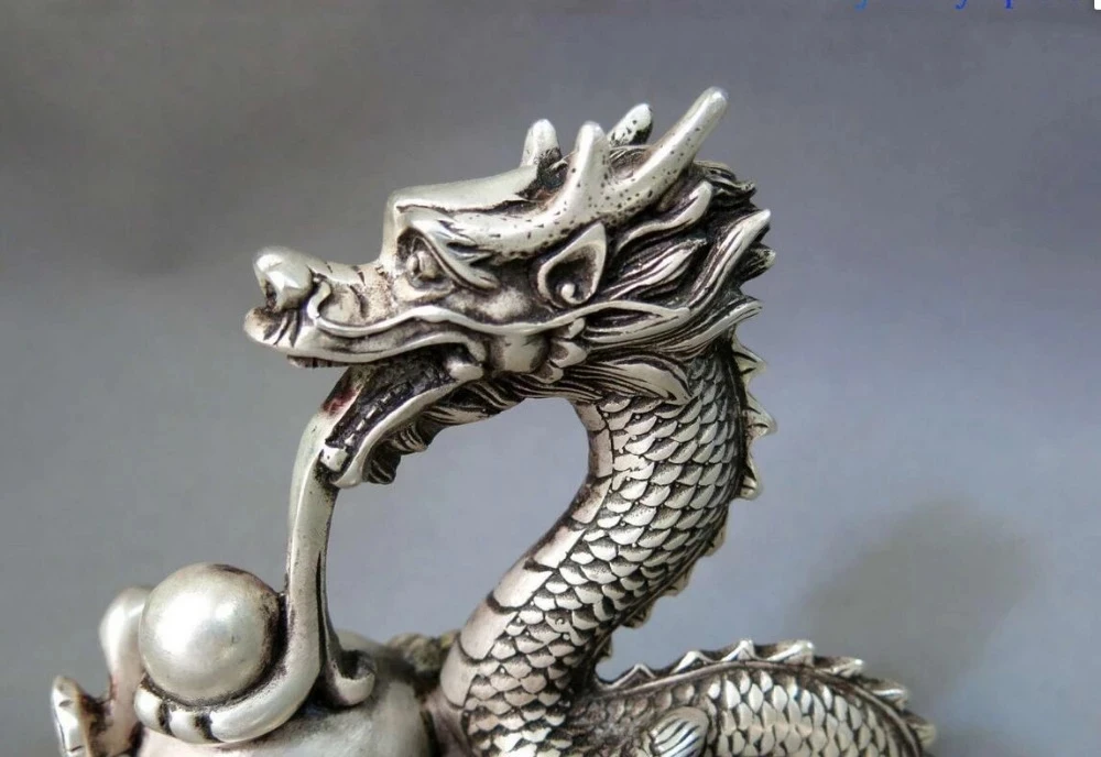 China Silver carved fine Feng Shui calabash lucky dragon play bead Statue