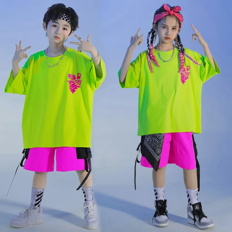 Shorts Streetwear For Girl Boy Dance Costume Clothes Kids Kpop rave Outfits Hip Hop Clothing Green Tshirt Tops Summer Cargo