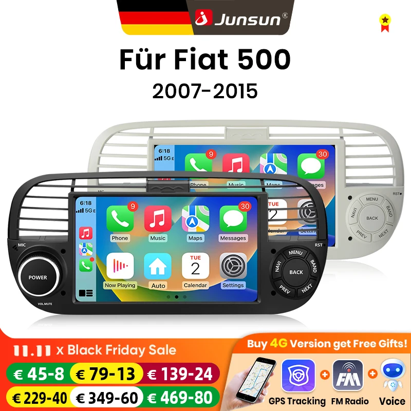 Junsun 7-calowe radio samochodowe z Androidem do Fiata 500 2007 - 2015, bezprzewodowe Apple CarPlay, automatyczny ekran dotykowy IPS, stereo, odtwarzacz multimedialny, inteligentne systemy
