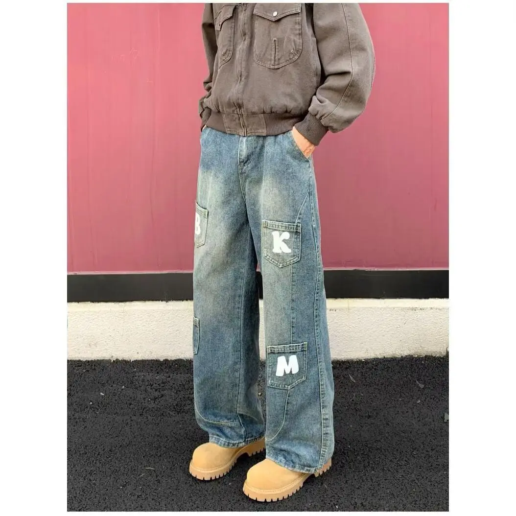 

Американские ретро-джинсы с буквенным принтом, женские свободные брюки с широкими штанинами, повседневные, удобные, из смеси хлопка и полиэстера