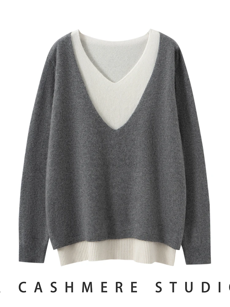 

TLOML New Women 100% Cashmere Sweater V-neck Color Block False Two-piece Pullover Autumn Winter Cashmere Soft Knitwear Loose Top