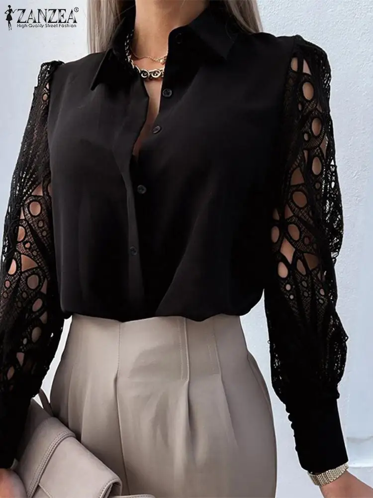 ZANZEA OL Lapel White Shirts Elegant Commuting Tops 2023 Fashion Casual Blusas Women Hollow Out Summer Lace Long Sleeve Blouses