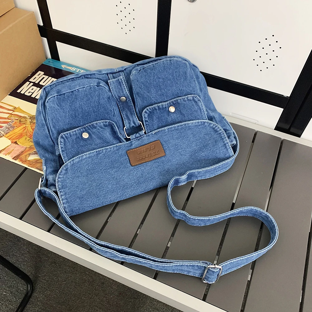 Sacola transversal de grande capacidade para senhoras, alça ajustável, simples, portátil, casual, bolsos múltiplos, bolsa jeans para festa, viagem