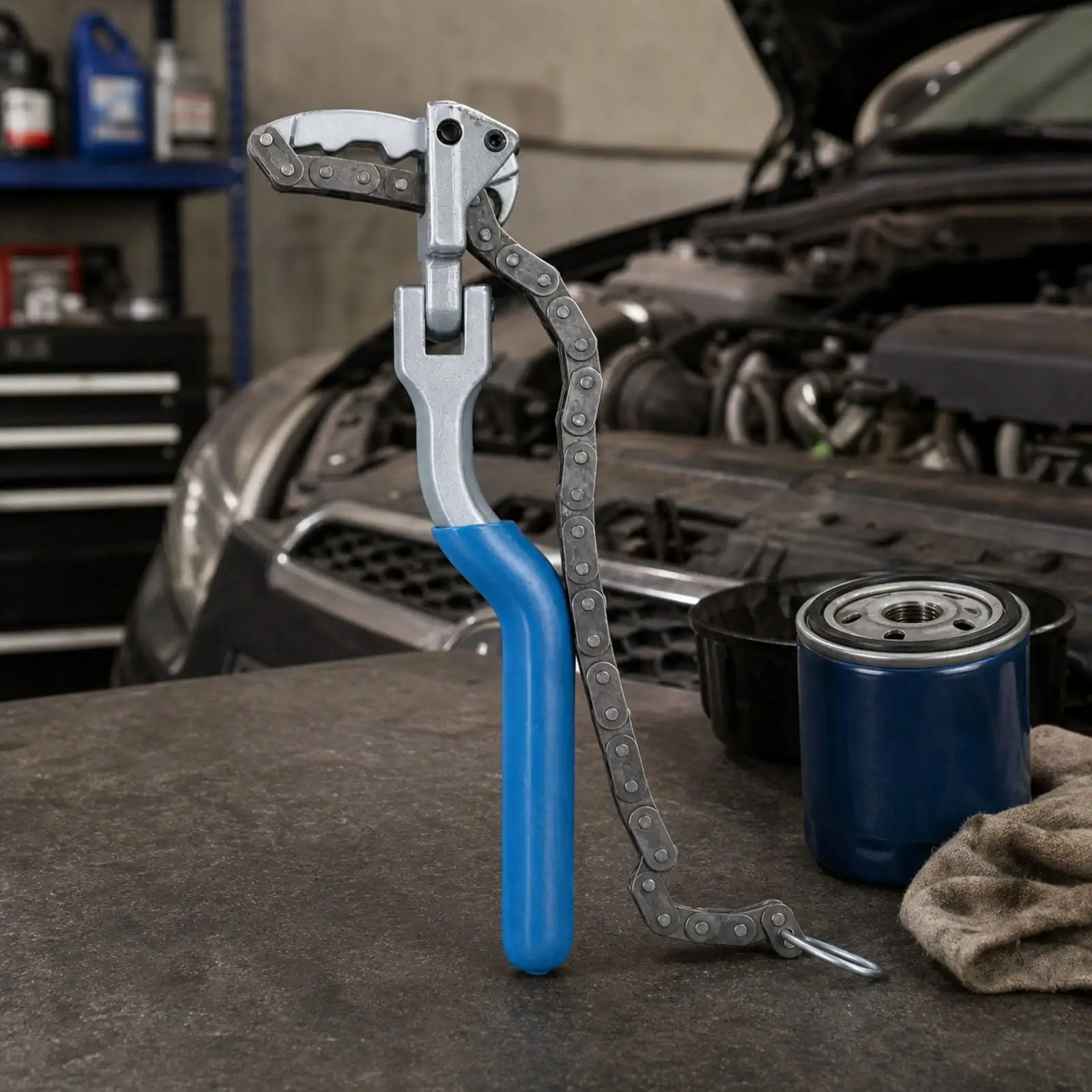 Car Truck Chain Wrench Tool for Cylindrical Oil Filter Loosening Heavy Duty Steel Blue Coated Grip Handle
