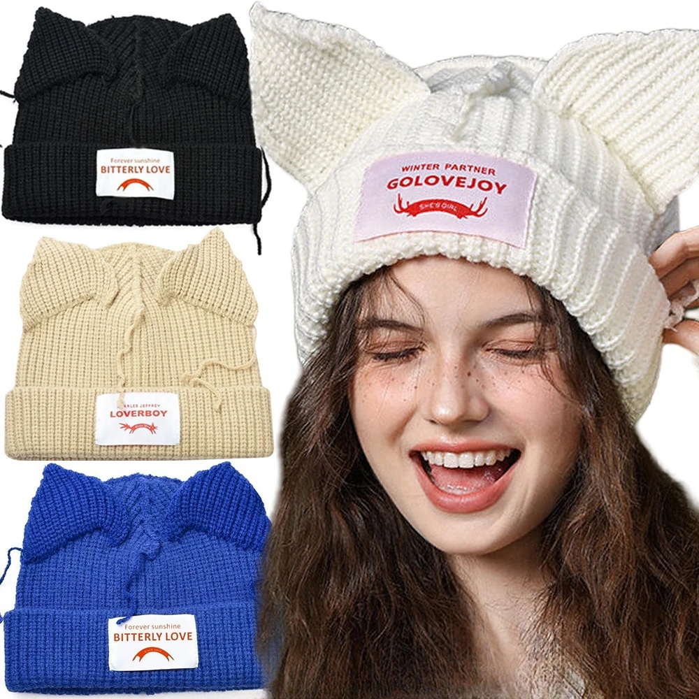 Fashion Cat Ears Knitted Wool Hat Love Boy Hat Niche Design Personality Hat Men Women Cute Warm Autumn and Winter Tide Hats
