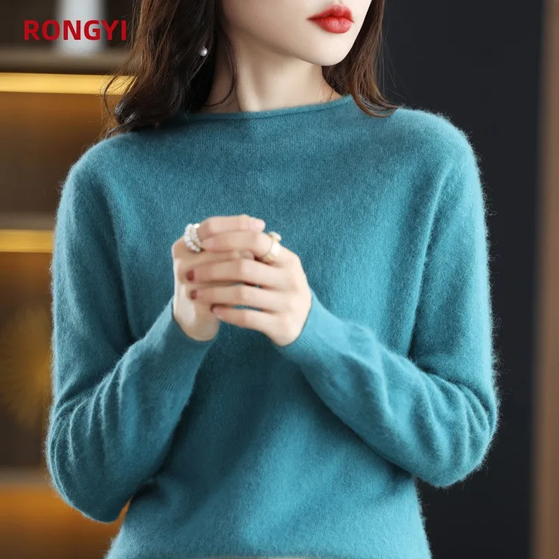 

RONGYI Autumn And Winter 100% Mink Cashmere Sweater Women's Pullover O-Neck Korean Solid Base Shirt Large Size Thick Loose Top