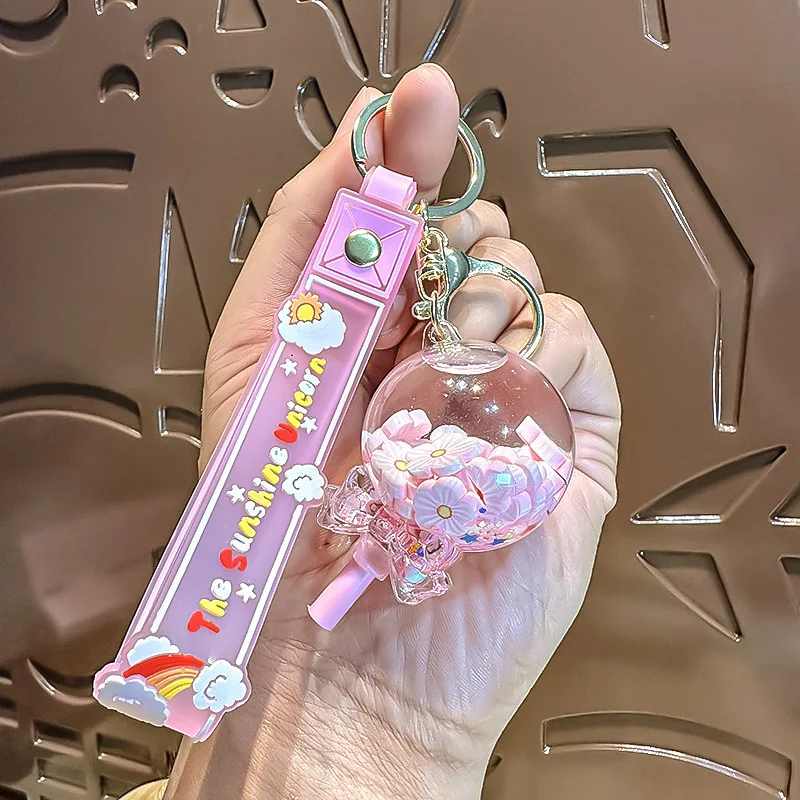 Quicksand Bottle Keychain Pendant Exquisite Women's Key Chain Small Flower Crystal Accessory Cute Backpack Charm