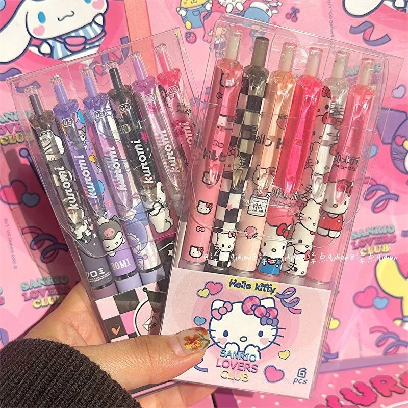 6Pcs Cartoon Sanrio Gel Pen Hello Kitty Kuromi ST Quick Drying Black 0.5mm Press The Ballpoint Pen Learning Stationery Gifts