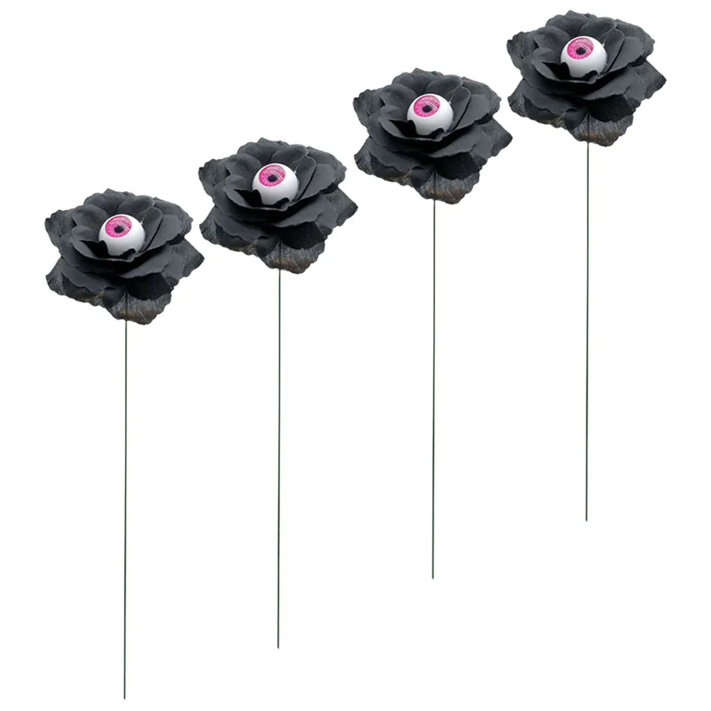

4pcs Black Rose Decoration with Eyeball Design for Halloween Yard Outdoor Garden Lawn Sign Stakes Festive PVC Props