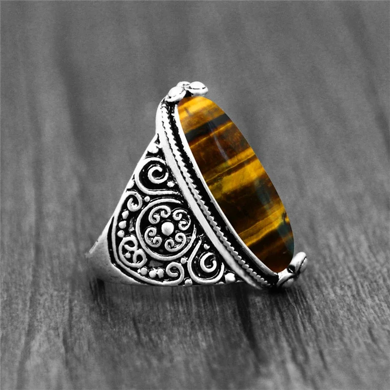 Irregular Natural Tiger Eye Rings Flower Band Stone Ring For Women Antique Silver Plated Fashion Jewelry TR665