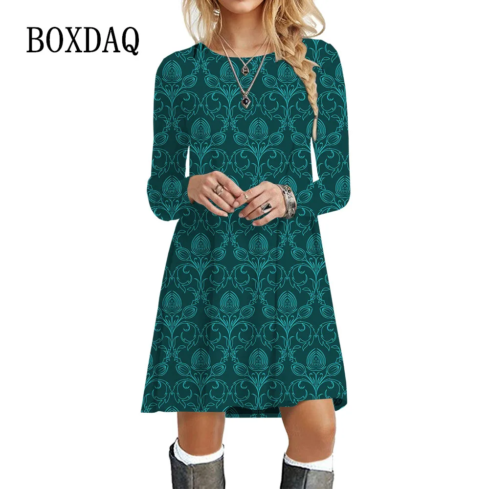 2023 Fashion Women Print Dresses For Autumn Long Sleeve Loose Clothing Oversized Casual Street O-Neck Mini Dress Female Vestidos