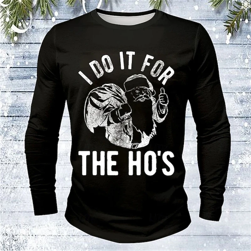 

2025 Новая забавная мужская стильная праздничная футболка с длинным рукавом с круглым вырезом Санта-Клауса и длинным рукавом, свободный крой, праздничный топ с 3D принтом