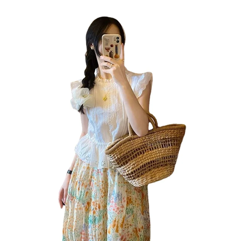 

Retro Salt System Light Mature Suit 2023 Summer New Hong Kong Style Tops Floral Half-body Skirt Two-piece