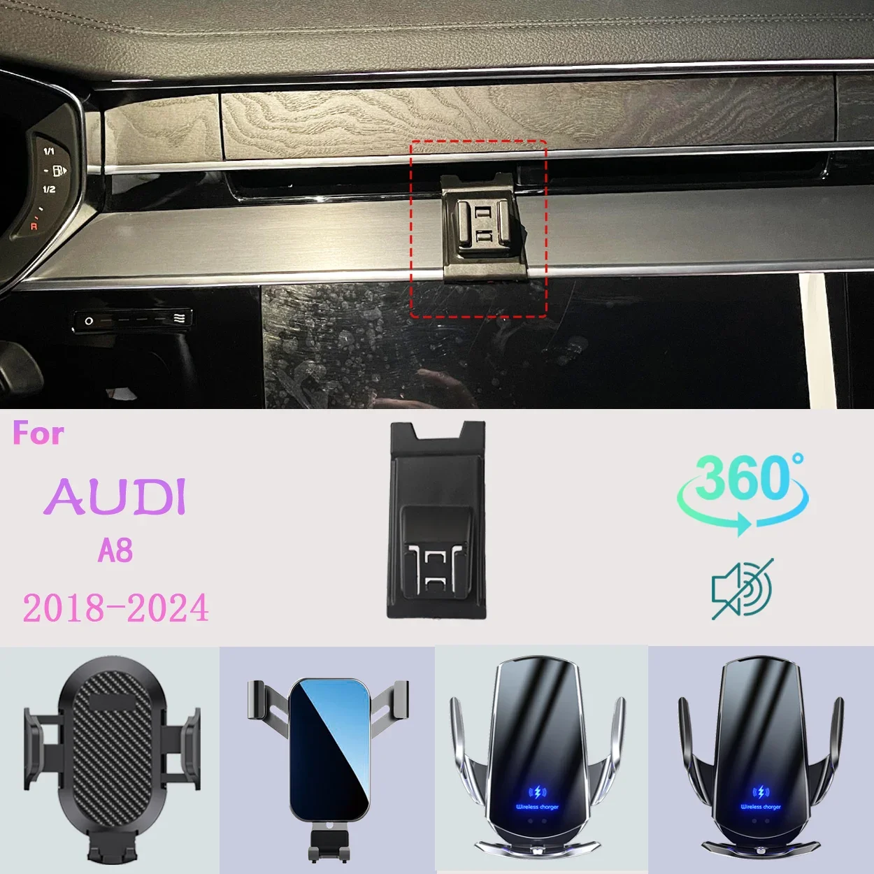

Car Phone Holder For AUDI A8 2018 2019-2023 2024 Mobile Phone Support Car Mounts Wireless Charging Car Accessories 360° degrees