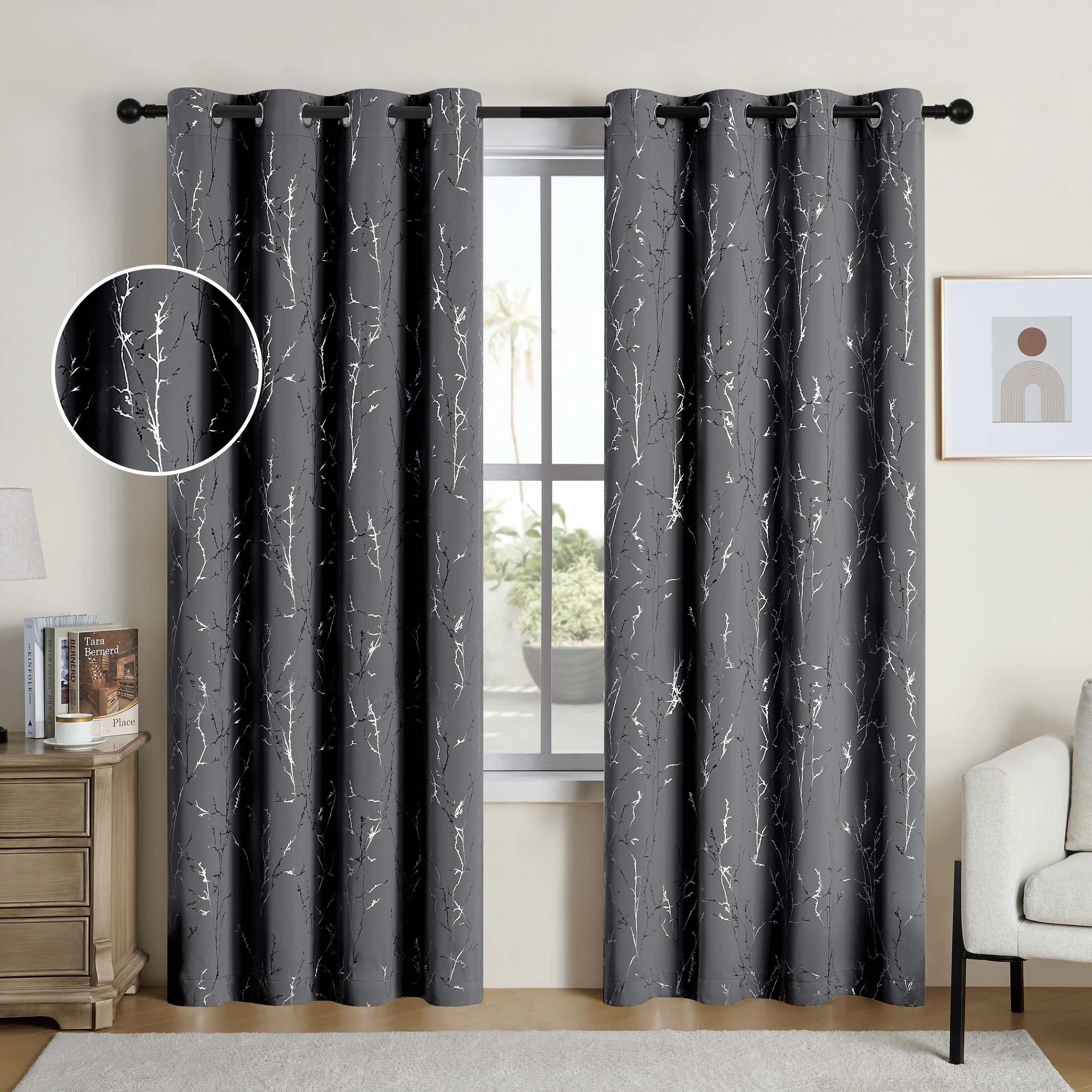 Pack Of 2 Blackout Curtains Grommet Thermal Insulated Room Darkening  With Tree Printed For Bedroom