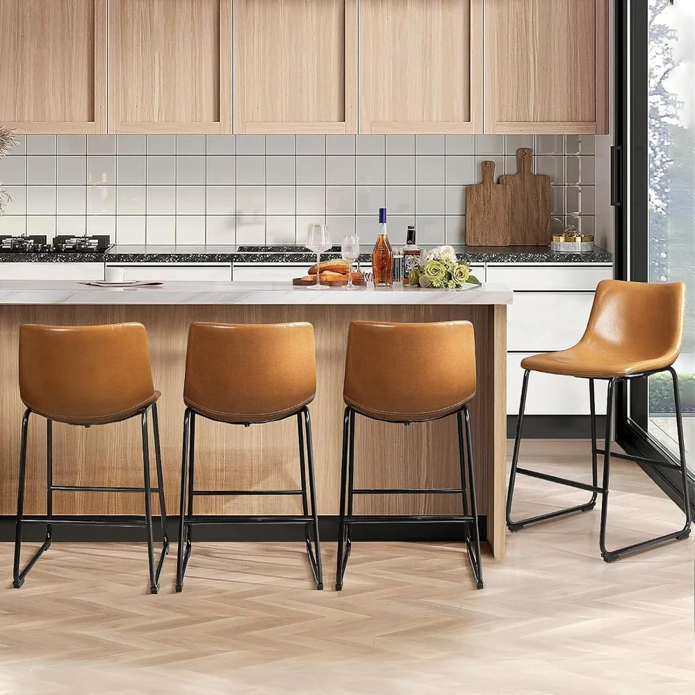 

26 inch Bar Stools Set of 4,Counter Height Bar Stools with Back, Modern PU Leather Stools with Metal Leg and Footrest (Whisky,