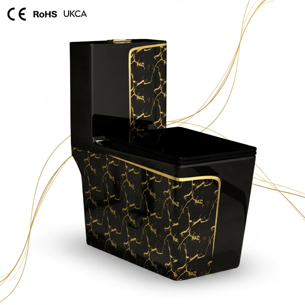 Modern Bathroom Sanitary Ware Square One Piece Toilet Bowl Floor Bathroom Sink And Ceramic Toilet Black Gold Wc Toilet Set