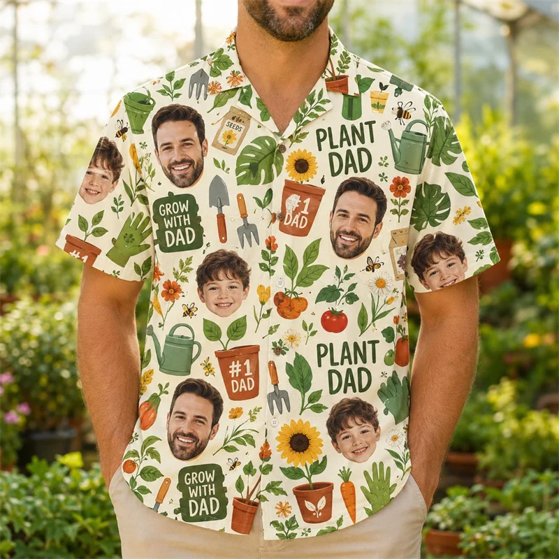 Personalized Custom Photo Hawaiian Shirt Dad And Kid Portrait Print Gardening Pattern Father's Day Gift Casual Men Tops