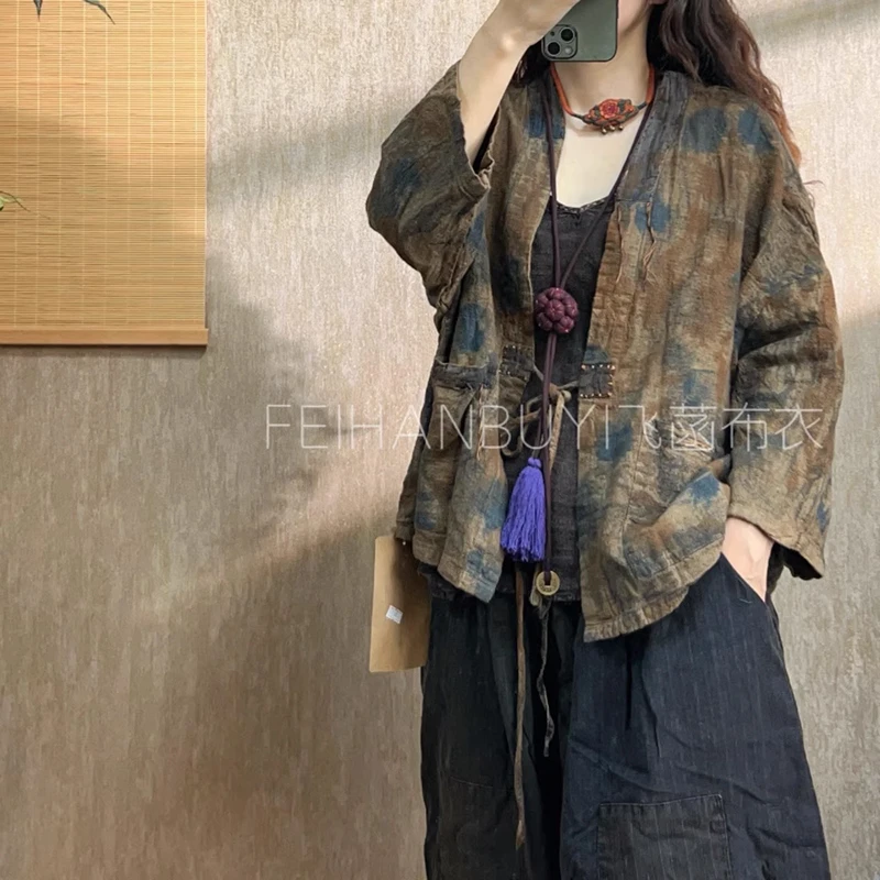 

Spring Autumn New Arts Style Women Vintage Print V-neck Jackets High Quality Cotton Linen Lacing Single Button Loose Coats F7021
