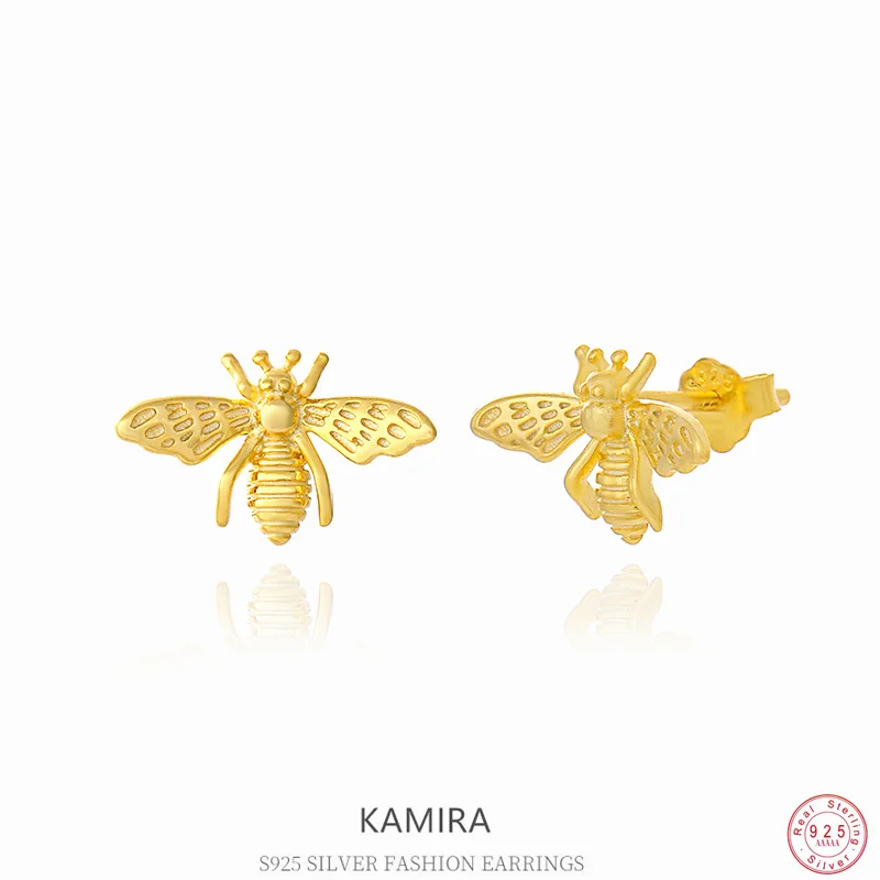 KAMIRA 925 Sterling Silver Cute Insect Bee Piercing Earrings for Women Punk Gothic Design Creative Unique Jewelry Unisex Chic