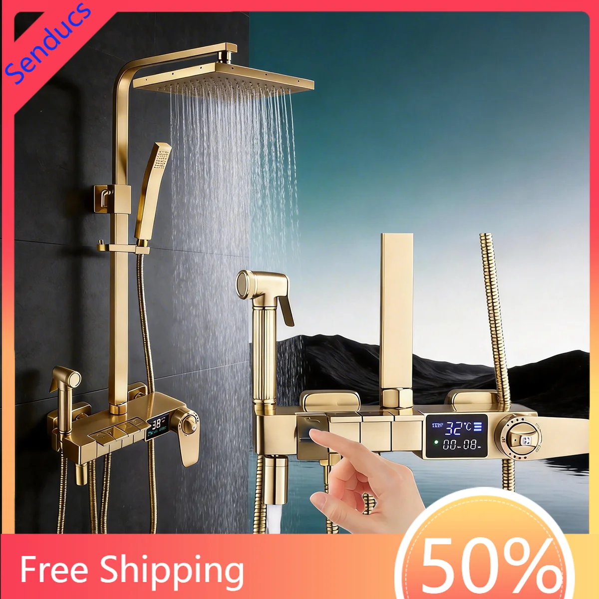 Hot Cold Piano Digital Bathroom Shower System Brass Rainfall Bathroom Faucets Head Thermostatic Piano Digital Bath Shower Set