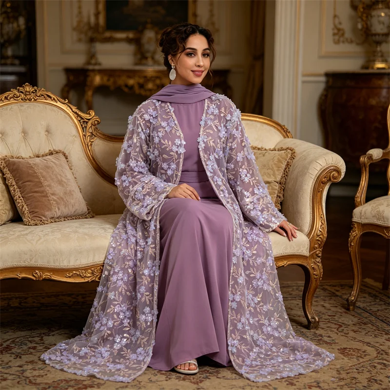 

3PCS Muslim Women Matching Set Flower Embroidery Kimono Cardigan Maxi Dress Hijab Robe Abaya Dubai Kaftan Islam Jalabiya Kebaya