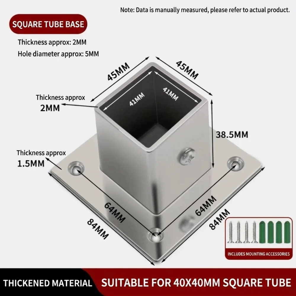 New Stainless Steel Square Tube Connector Set Heavy Duty 20/25/30/40mm Flange Base Rustproof Elbow Corner Joint Clothes Pole