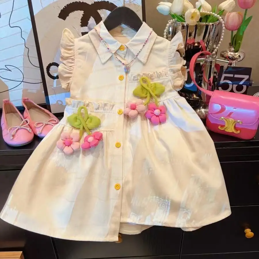 

Girls' Skirt New Stereoscopic 2025 New Sunflower Short-sleeved Shirt Dress With Lapel Dress 90-150cm