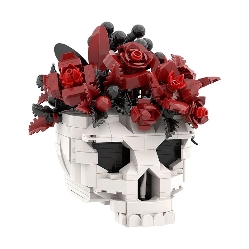 MOC Skull Rose Flower Pot DIY Building Blocks Creative Gifts for Kids Adults Halloween Dark Romance Home Decor Model Kits Toys