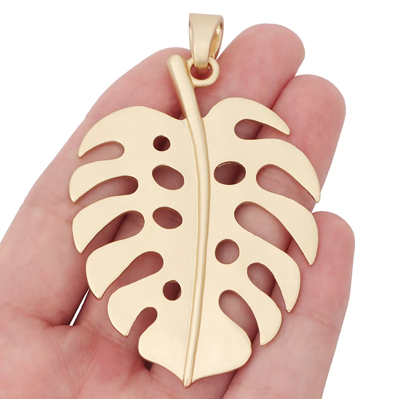 1 x Matt Gold Color Large Monstera Leaf Charms Tropical Palm Leaves Pendants For Necklace Jewelry Making Accessories 80x53mm