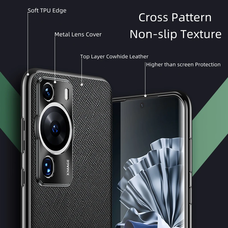 Étui de luxe en cuir véritable à motif croisé pour Huawei P50/P50 Pro/P60/P60 Pro/P60 Art/Nova 11 Ultra, housse de protection d'objectif en métal