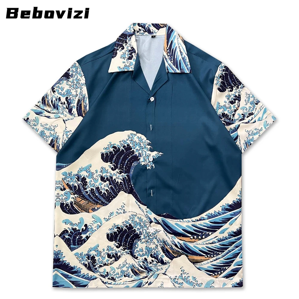 Japan Style Men's Wave Print Casual Loose Shirts with Turn-down Collar and Polyester Fiber Material