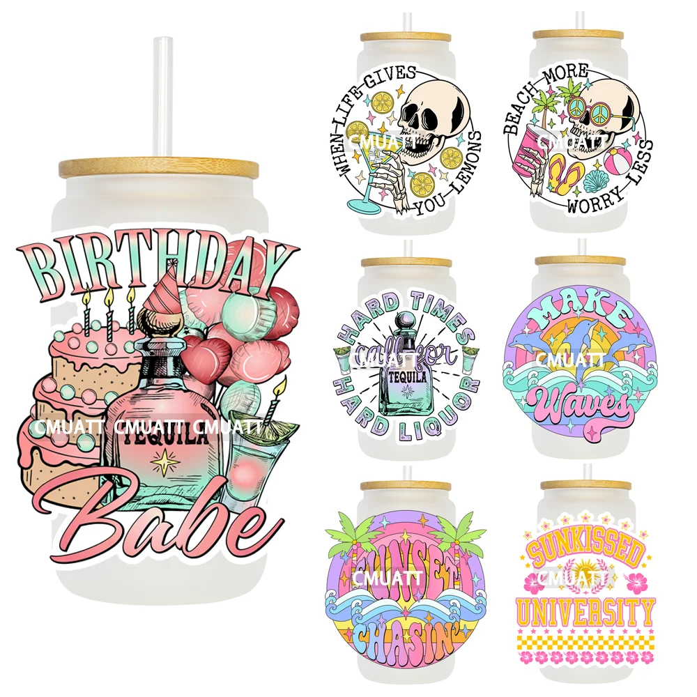 Birthday Babe Sunset Chasin' UV DTF Transfers Stickers Decals For Libbey Cold Cups Mug Tumbler Waterproof DIY Craft Summer Vibes