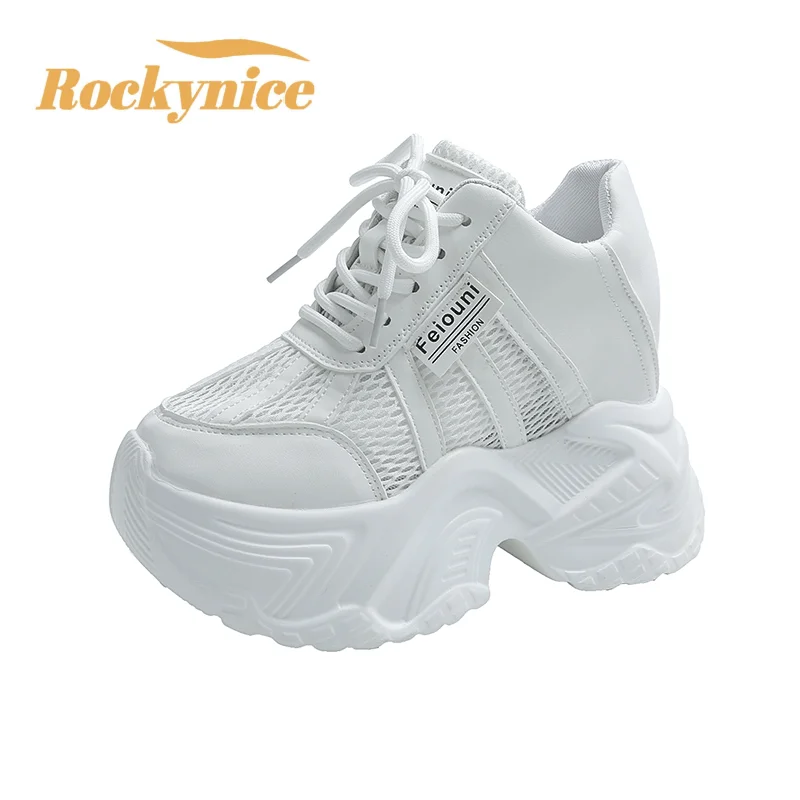 

Женские кроссовки на платформе 7,5 см, осенние спортивные туфли для папы на шнуровке, повседневная обувь на массивном каблуке с высоким берцем, женские белые туфли с сеткой на толстой подошве