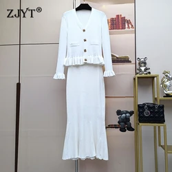 ZJYT Autumn Winter 2 Piece Set Knitted Suit Flare Sleeve Cardigan Sweater Mermaid Skirt Women Fashion Party White Outfit Ladies