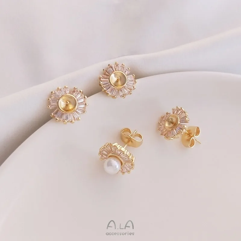 

14K Gold Color Zircon Lace Half-hole Bead Holder Fan Stud Earrings DIY Pearl Holder Earrings Accessories Material