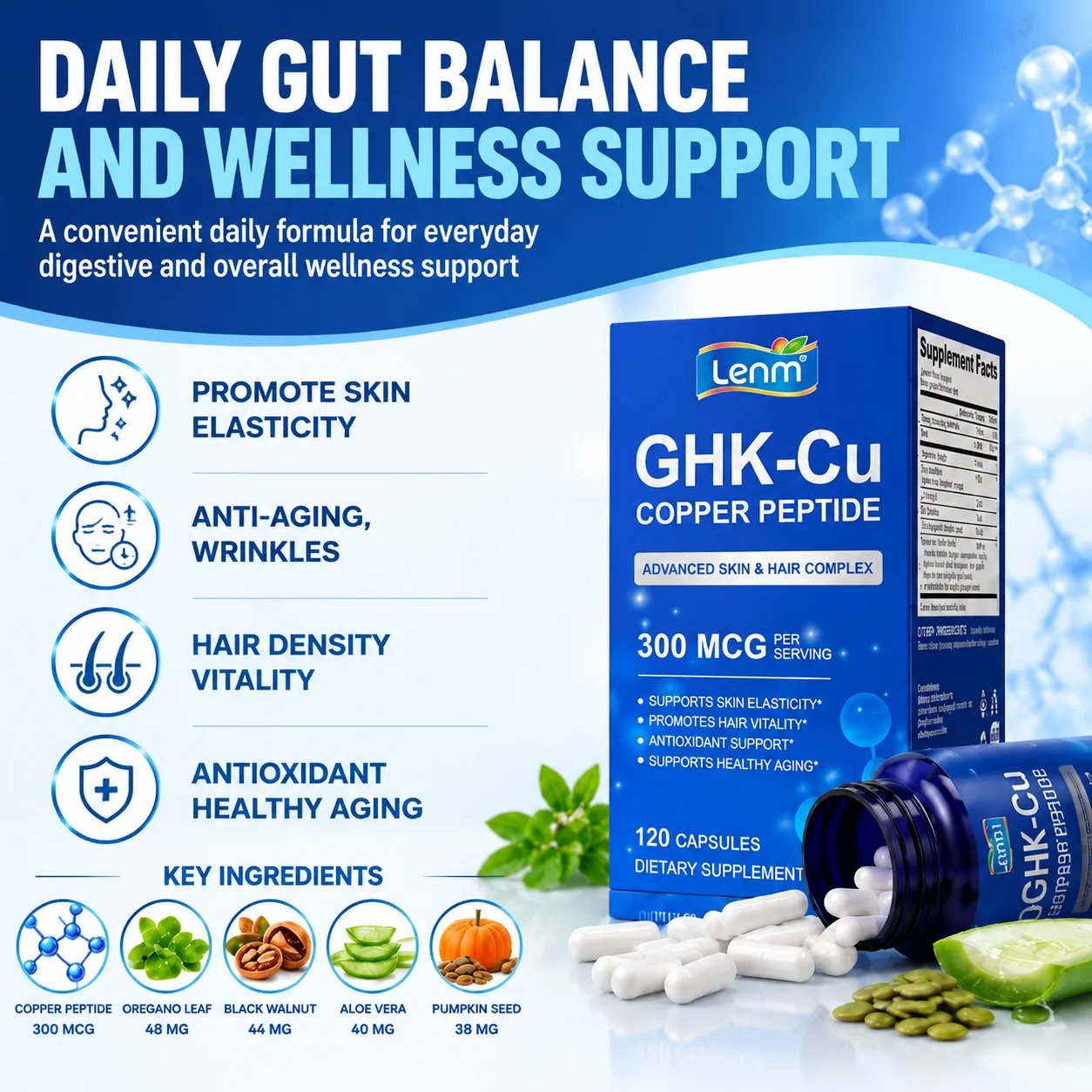 GHK-Cu Copper Peptide Capsules Promote Skin Elasticity Anti-aging, Wrinkles & Hair Density & Antioxidant Healthy Aging 120pcs