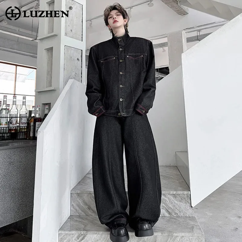 

LUZHEN однотонная уличная одежда, джинсовые комплекты из двух предметов, мужская повседневная куртка с круглым вырезом 2025 года, модные мешковатые мужские джинсы JY3639