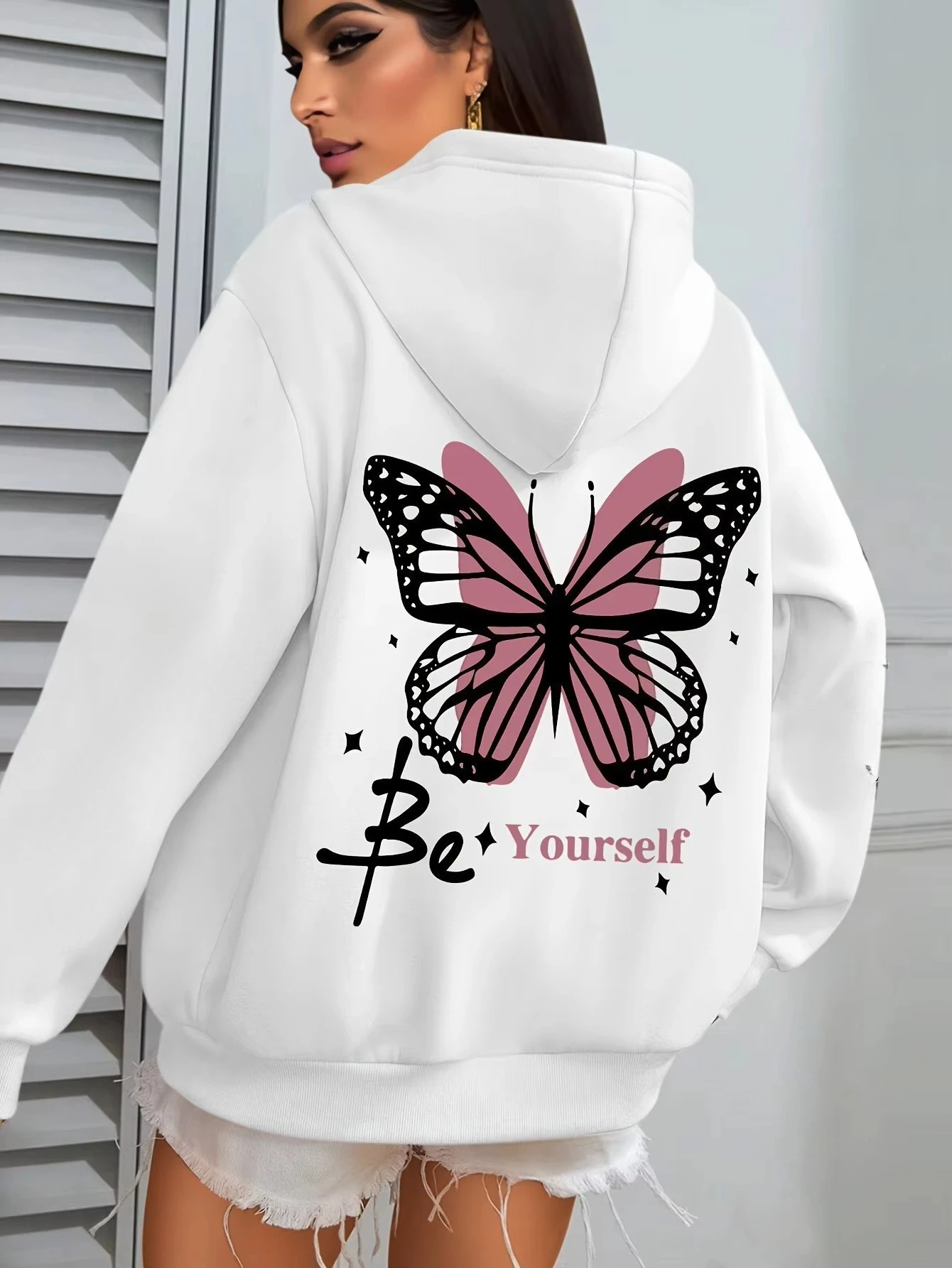 

Colorful Butterfly-printed Hooded Sweatshirt, Youth Pullover Sweatshirt, Streetwear Casual Pullover Top