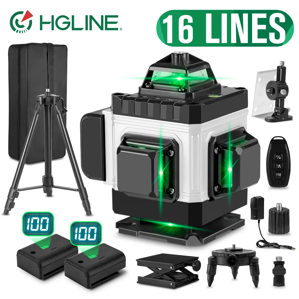 HGLINE 4D 16-Linien-Lasernivelliergerät, selbstnivellierend, 360° °   Horizontales & Vertikales Grünes Laser-Nivelliergerät für Bauarbeiten mit 2 Li-Ionen-Akkus