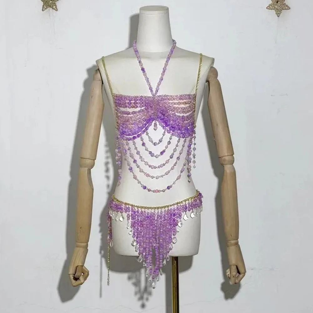 New Beaded Hottie Body Chain Neck Outer Top Halter Bikiini Bra Skirt Hot Set Sexy Backless Sleeveless Top Belt Beahwear Lingeie