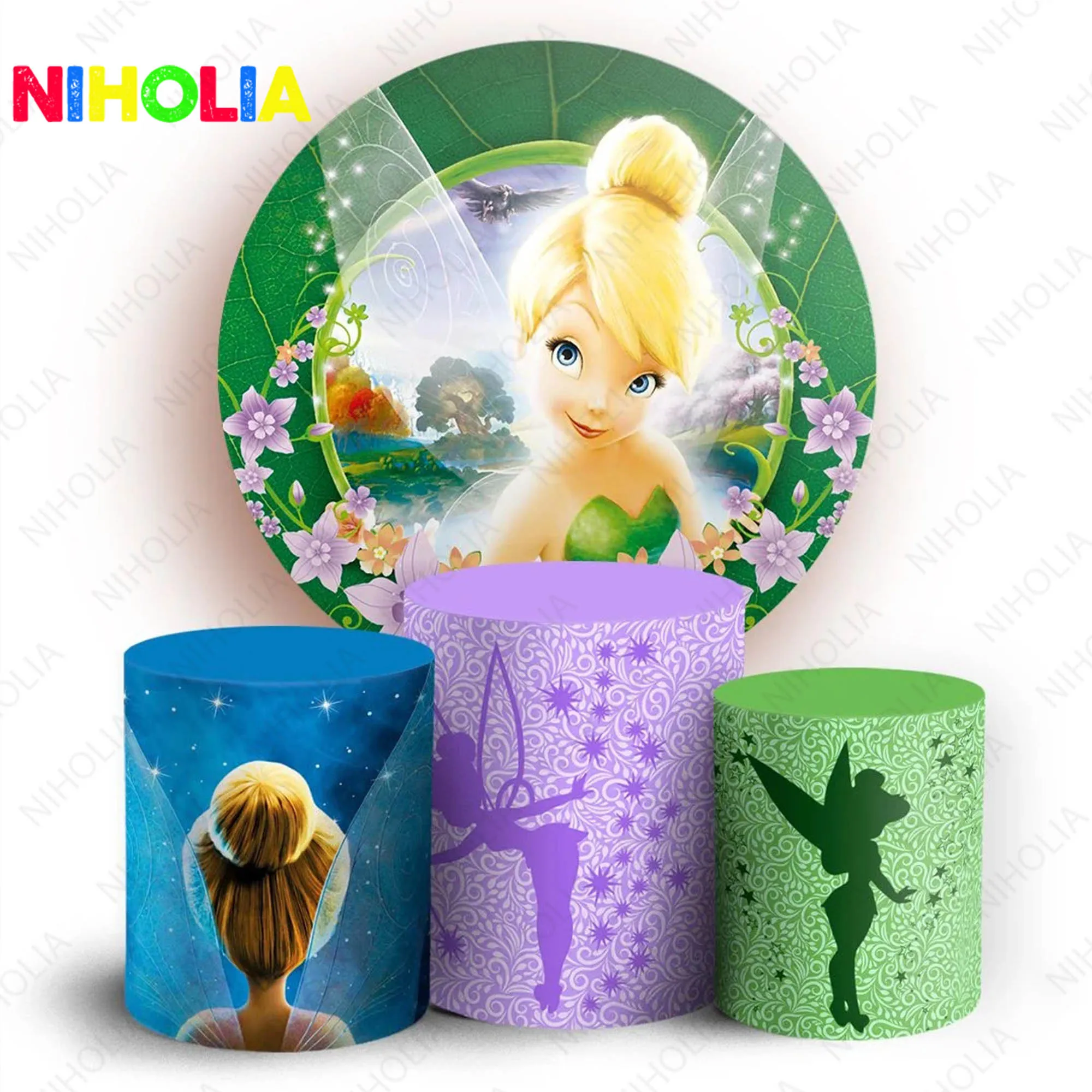 Disney Tinker Bell Round Backdrop Girls Birthday Party Decoration Background Elastic Cylider Cover Photo Booth Prop