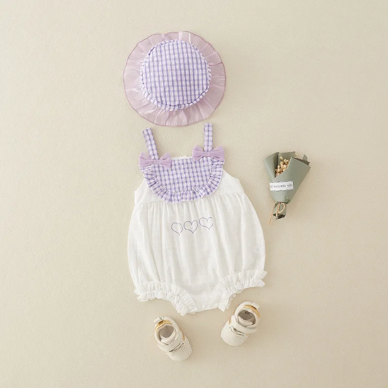

Baby Girl Summer Strap Vest Romper Cute Fashionable Outdoor Plaid Hooded Bodysuit