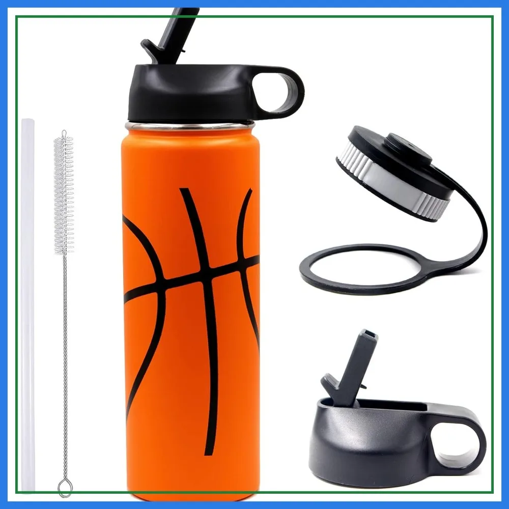 

22 oz Basketball Water Bottle, Stainless Steel Vacuum Insulated Thermo Tumbler with 2 Lids, Sports Flask for Mom Boys Girls