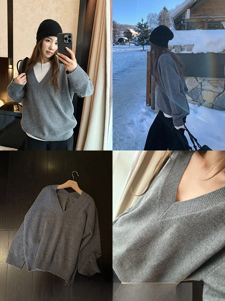 

Xzichic Lazy Full Wool V-ne Loose Knitted Sweater Winter New Sle Overhead Top Women's Faion Comfortable Warm Thermal Wo...